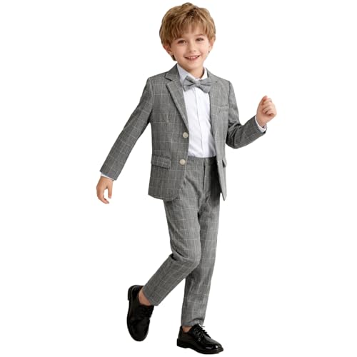Image of LOLANTA Boys Suit Wedding Ring Bearer Outfit Kids Formal Wear Dress Clothes | Boy 3-Piece Plaid Suits, Sport Coat Blazer and Pants Set with Adjustable Bow Tie, Gentleman Birthday Party Graduation Outfits