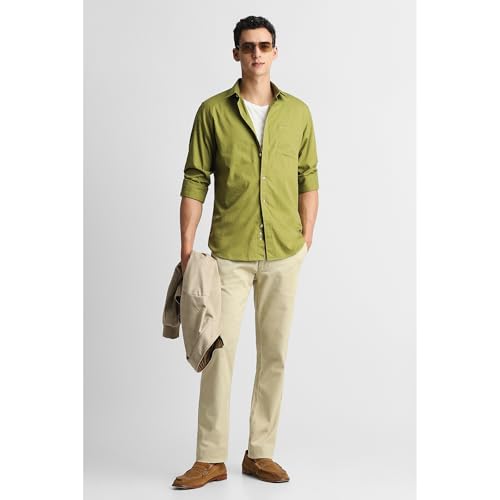 Image of Peter England Men's Slim Fit Full Sleeve Casual Shirt in Twill Weave Cotton