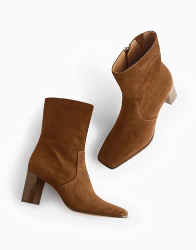 Coutgo Womens Chunky Block Heel Ankle Boots Square Toe Side Zipper Booties Faux Suede Fall Dress Shoes4