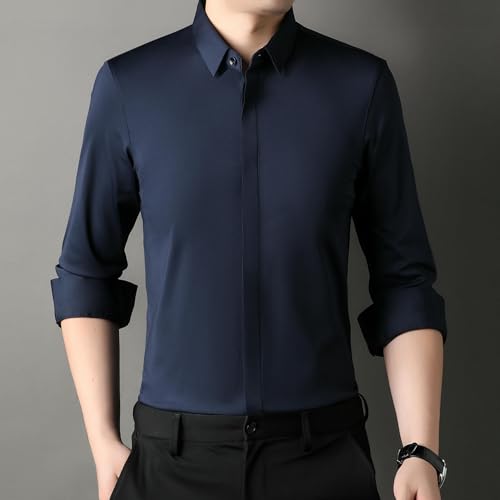 Camisa de manga larga sin arrugas con botones ocultos de color sólido 7