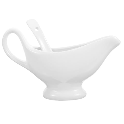 Cabilock Ceramic Creamer Pitcher and Gravy Boat Set 175ml White Small Sauce Pitchers Deep Spoon for Condiments and Sauces Serving Tableware 2pcs