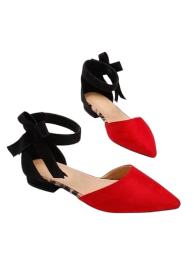 Two Tone Point Toe Ankle Strap Flats, Red and Black,size 41