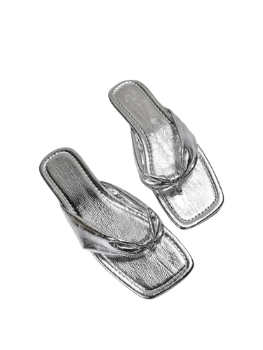 Image of GORGLITTER Women's Flip Flops Flat Sandals Dressy Metallic Square Toe Thong Vacation Summer Weeding Slides Sandals