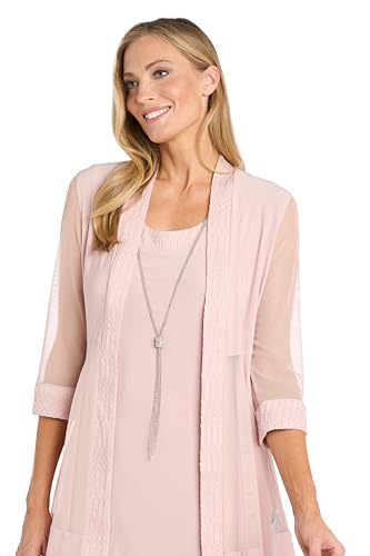 Image of R&M Richards Women's Elegant 2-Piece Shift Dress with Pleated Shimmer Duster Jacket for Mother of the Bride, Cocktail Attire