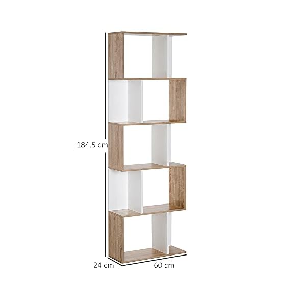 HOMCOM 5-tier Bookcase Storage Display Shelving S Shape design Unit Divider White - Image 3