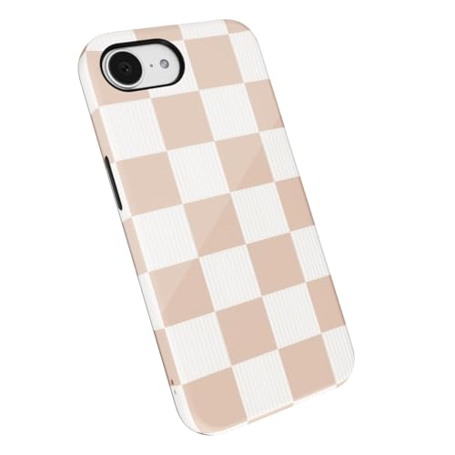 LoeoeL Checkered Phone Case for iPhone 17e 16e Case Hard Shell, Girly Cute Aesthetic Plaid Checkers Print Cover for Women, Thin Slim Checkerboard Design Glossy Shockproof Plastic, Tan Brown White