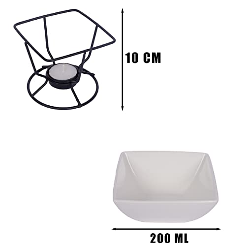 Conjunto Fondue Em Cerâmica Quadrado 7 Peças 200ml Chocolate Queijo - 3 Velas