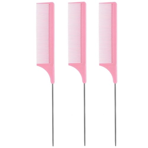 Yimaneili 3-piece set of rat tail comb - stainless steel metal tail partition comb, anti-static carbon fiber dense tooth styling comb, suitable for braiding/dyeing/fluffiness styling, male and female universal all hair quality (pink)