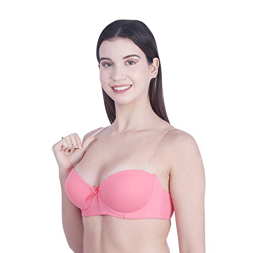 Image of Brachy Women Cotton Nylon Spandex Padded Underwire Strapless Backless Invisible Clear Transparent Back Push up Bra with (Free Extra Transparent Strap)