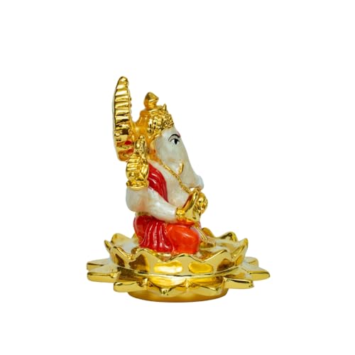 Image of Pearl White Kamal Ganesha |Gold-Plated Ganpati Idol with Lotus Base for Home, Office, Pooja Room,Travel,Car Dashboard, Decor & Gifting | Bappa Statue for Blessings | Height 2.3 Inch
