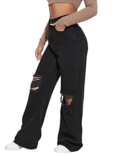 Sweatyrocks Women's Casual Loose Ripped Denim Pants Distressed Wide Leg Jeans Solid Pure Black L #TOP2