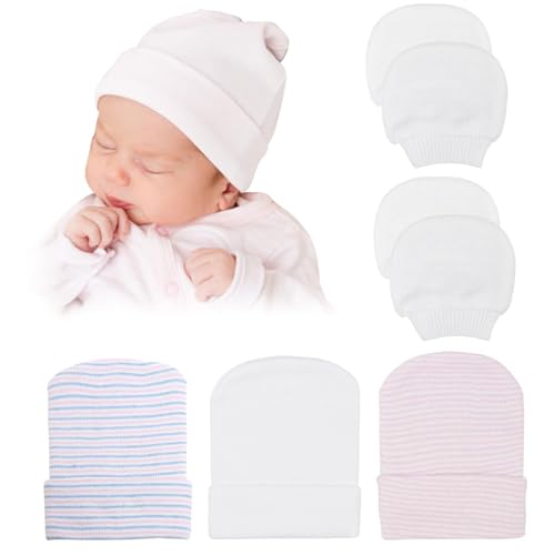 Image of DRESHOW BQUBO Newborn Hospital Hat and Mittens Infant Baby Beanie Soft Cotton Cute Knot Nursery Cap for 0-6 Months Girls Boys