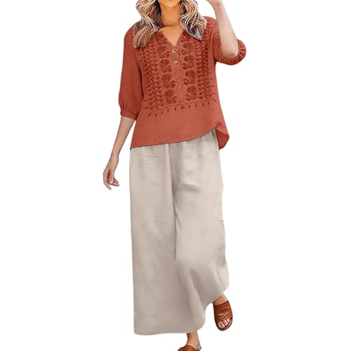 Two piece Pants Set for Women, Linen Sets for Women, Womens 2 Piece Outfits Summer Cotton Linen Casual Matching Sets Solid 3/4 Sleeve Embroidered Top and Wide Leg Pants Brick Red 3XL