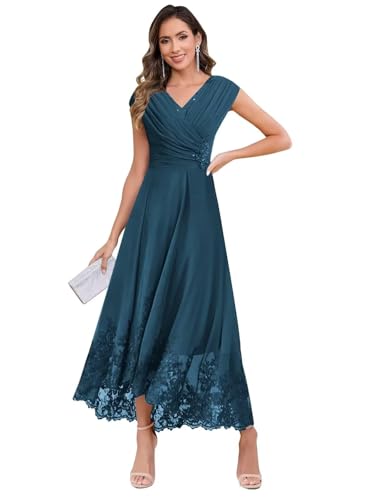 Tea Length Mother of The Bride Dresses for Wedding Lace Applique Cap Sleeve Sequin Formal Evening Dresses for Women Elegant