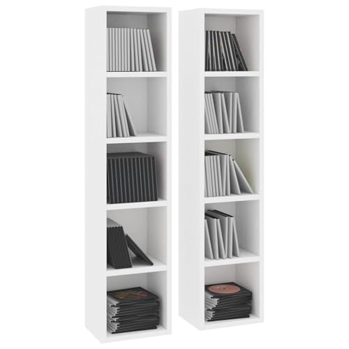 Gecheer CD-skåp set med 2 konstruerat trä, CD-torn, DVD-förvaringsskåp med 5 öppna fack, CD- och DVD-hylla för vardagsrum, sovrum, kontor, 21 x 16 x 93 cm