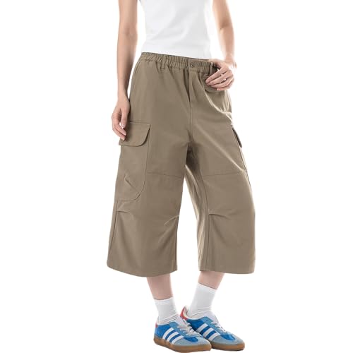 Baggy Cargo Pants for Women Casual Summer High Waisted Wide Leg Cropped Pants Capri Shorts with Pockets3