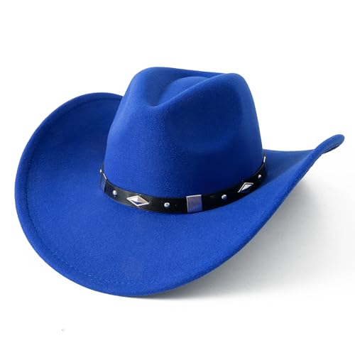 Lanzom Women Men Classic Felt Wide Brim Western Cowboy Cowgirl Hat with Belt Buckle(Royal Blue Medium-Large)