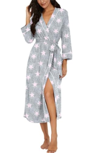 PrinStory Sukienki damskie długie szlafroki casual kimono długie szlafroki miękkie damskie 3/4 rękawa damskie odzież domowa, Różowa Gwiazda, M