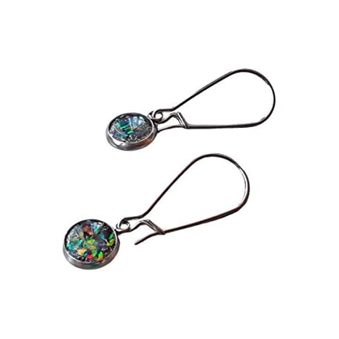 October Birthstone Black Rainbow Opal Confetti Drop Earrings Stainless Steel Cover