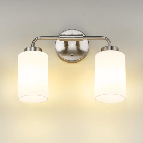 zeyu 2-Light Bathroom Light Fixtures Over Mirror, Modern Wall Sconces for Bathroom, Milky White Glass Shade, Brushed Nickel Finish, ZS62B-2W BN