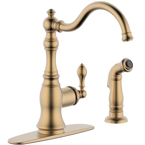 Best Vintage Kitchen Faucets for Farmhouse and Rustic Charm 5 Derengge Brushed Gold Kitchen Faucet with Side Spray,8 Inch Single Handle Kitchen Sink Faucet with Deck Plate,2 Hole or 4 Hole Installation,Classic Style,KF-6832TB-BG