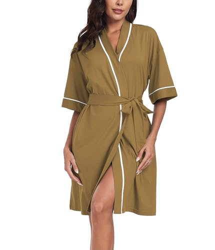 Image of ANLIQI Womens 100% Cotton Robes Lightweight Summer Short Sleeve Lady Bathrobe Knee Length Kimono Robe Sleepwear with Pockets