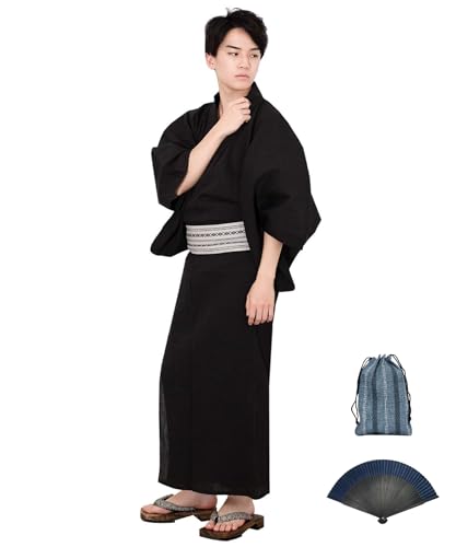[KYOETSU] [キョウエツ] 浴衣 メンズ セット ゆかた 男性 - 大きいサイズ 黒 紺 グレー 帯 下駄 腰紐 巾着 綿 麻 無地 おしゃれ G 6点 フルセット (M, G-1.黒(ワンタッチ角帯 灰))の商品画像（Amazon）