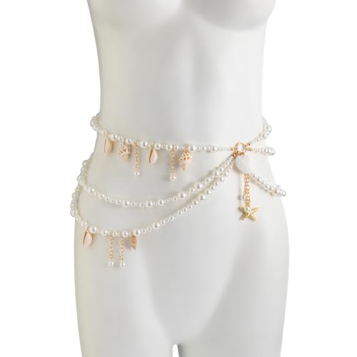 Summer Beach Shell Conch Pendant Waist Chain Belt Festival Rave Pearl Waist Body Chain Multi-layered Pearl Belly Chain Jewelry Outfit Dress Body Jewelry for Women4