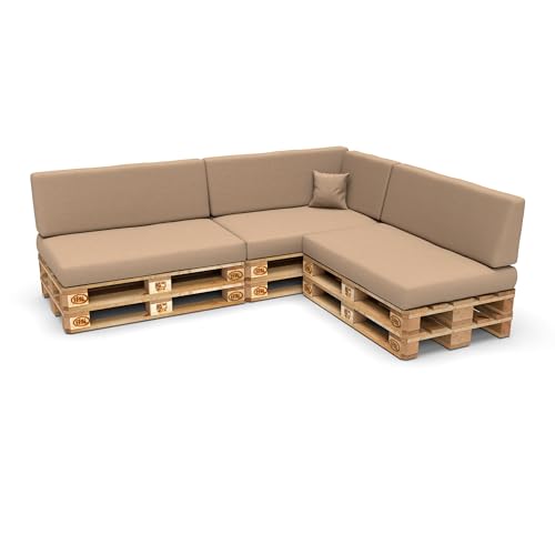 POKAR Juego de Cojines de 8 Piezas para Europalés: 3X Asiento 120x80cm +3X Respaldo 120x40cm + 1x 60x40cm Respaldo (Lateral) + 1x cojín Decorativo 40x40cm, para sofá de paletas, sin palés, Beige