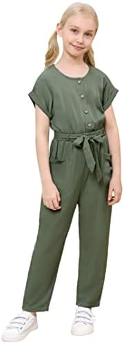 Kukume Girls Summer Jumpsuit Long Pants Romper Short Sleeve Button Down with 2 Pockets Army Green 3-4 Years