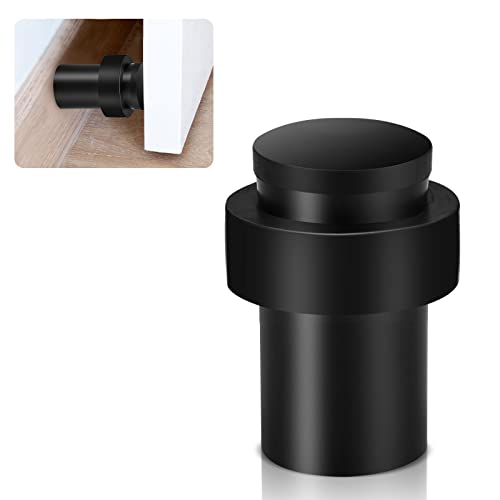 TOKPLNU Door Stoppers, 50mm Black Door Stop Floor Mounted Heavy Duty Stainless Steel Floor Wall Door Stoppers for Skirtings, Modern Tall Outdoor Doorstop with Rubber Tip & Ring, 1 Pack