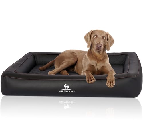 Knuffelwuff Hampstead XL Panier orthopédique pour chien en cuir synthétique matelassé au laser 105 x 80 cm Noir