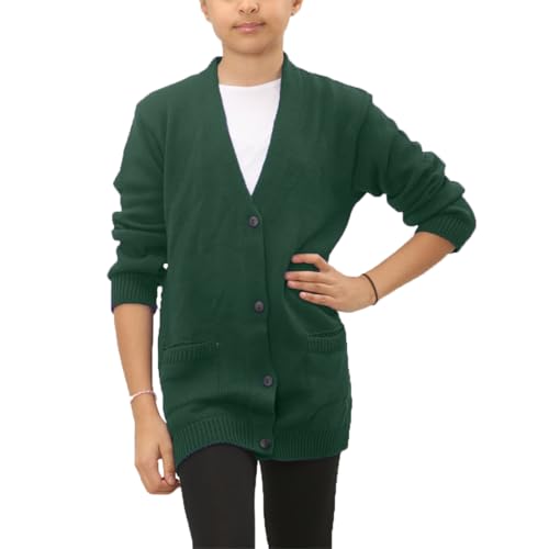 MA ONLINE Langärmeliger Strick-Cardigan für Mädchen, Jungen, dehnbar, V-Ausschnitt, Tasche, Pullover, Schulkleidung, Uniform-Pullover, flaschengrün, 9-10 Jahre