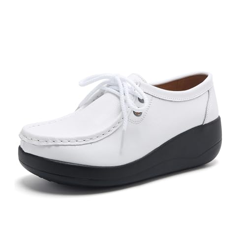 Image of Women's Leather Lace up Slip On Platform Loafers,Comfortable Arch Support Round Toe Wedge Moccasins Non-Slip Increase Height Nurse Work Shoes