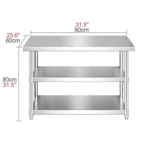 Stół kuchenny ze stali nierdzewnej z potrójnymi otwartymi półkami, komercyjny metalowy stół warsztatowy do pieczenia i pakowania (100 x 60 x 80 cm) - wytrzymały, łatwy do czyszczenia