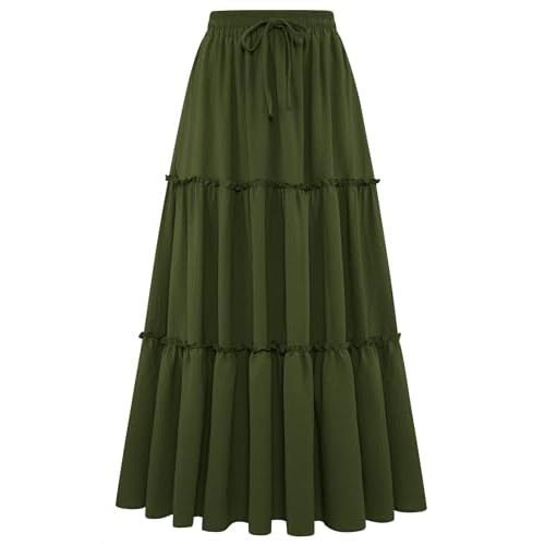 Arolina Women's Summer Maxi Skirt Trendy High Waist Pleated Ruffle Long Skirts Flowy Beach Boho Skirt Dress with Pockets Army Green Large