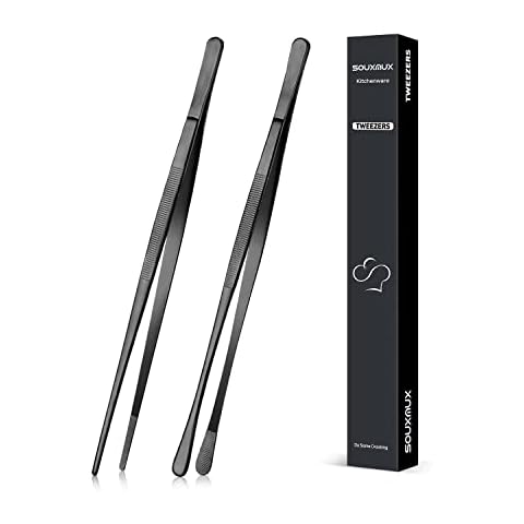 2 Pcs 25.5cm Cooking Tweezers Tongs Precision Serrated Tips, Stainless Steel Professional Chef Tweezer Kitchen Tools for BBQ, Plating and Serving (Black) Cover