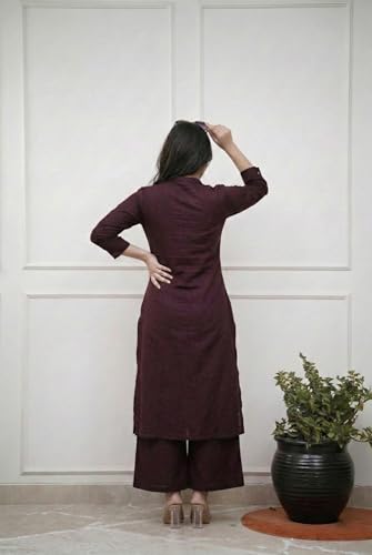 Image of GoSriKi Cotton Blend Embroidered A-Line Kurta with Palazzo for Women | Cotton Blend Orange | 3 /4 Sleeve | Mandarin Collar | Ethnic Wear Casual Wear