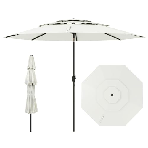 COSTWAY Sonnenschirm windfest stabil 300 cm Gartenschirm mit Kurbel beidseitig um 30 knickbar UV-Schutz Terrassenschirm belüftet Marktschirm für Terrasse Garten Balkon (Weiß)