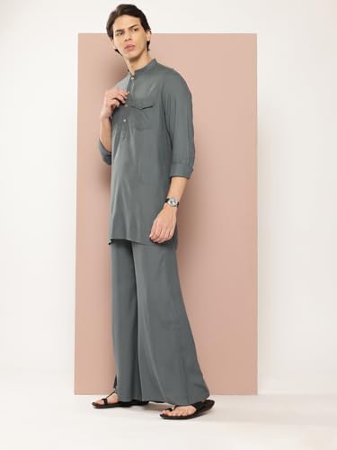 Image of See Designs Men's Long Sleeve Curved Hem Mandarin Collar Rayon Solid Pathani Sets
