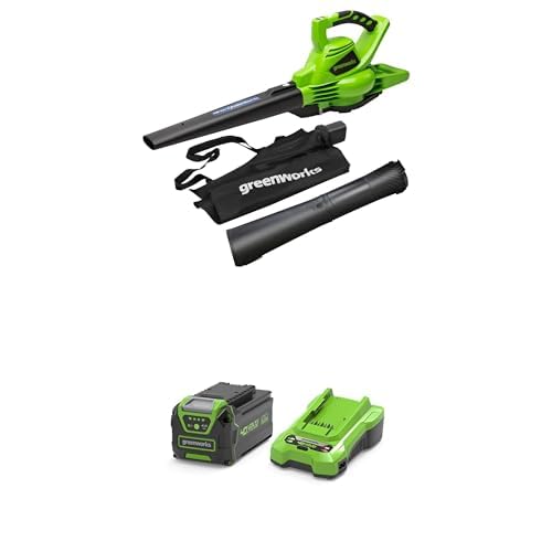 Greenworks 40V Aspirateur Souffleur sans Fil de Feuilles à Batterie avec Moteur sans Balais, 280 km/h, 9,63 m³/Min, Sac pour Mulching de 45L, Deux Batteries 4Ah et Chargeur, Garantie 3 Ans GD40BVK2X