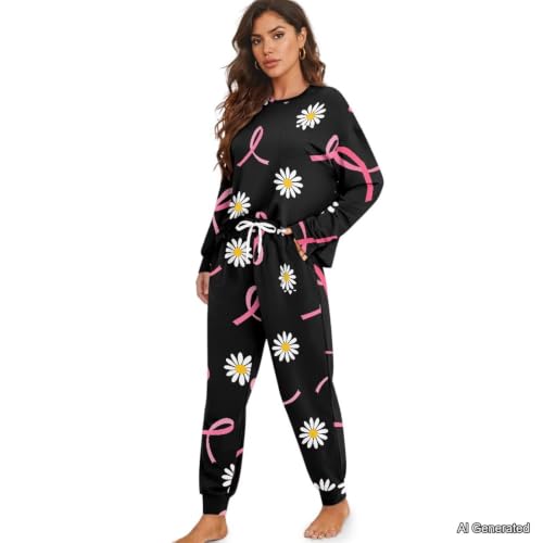 Image of Womens Lounge Set Long Sleeve Soft Pajama Sets | Casual 2 Piece Pj Outfit, Crewneck Sleepwear with Pockets, Adjustable Drawstring, Soft Comfy Fall Pajamas, Plus Size