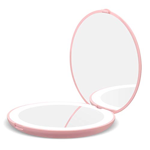 LED Lighted Travel Makeup Mirror, 1x/10x Magnification Travel Makeup Mirror, Handheld 2-Sided Mirror,Compact Mirror for Purses, 3.5 inch Small Pocket Folding Mirror for Handbag,Purse,Pocket,Round,Pink