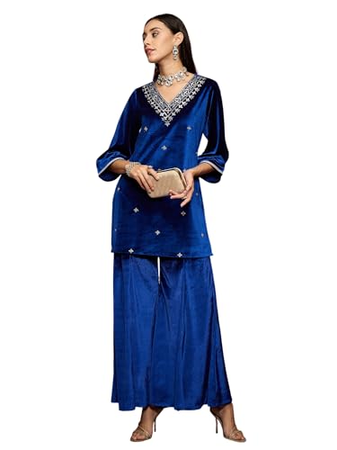 Image of Women Velvet Emb V-Neck Short Kurta With Palazzos