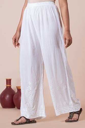 Image of Hand Embroidered Chikankari Soft MUL MUL Palazzo Free Size White (Size Free Size)