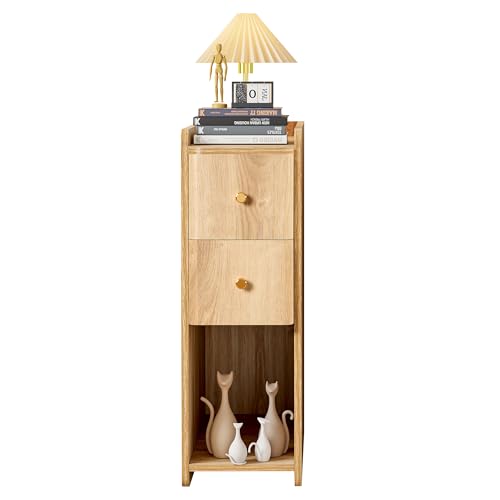 Image of Narrow Nightstand, Wooden 2 Drawer, Slim Side End Table, Natural, 1 pc