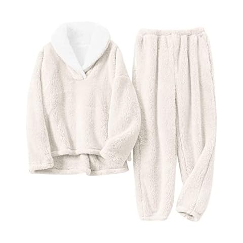 Tanming Womens Fluffy Pajamas Set Fleece Pullover Pants Plush Loungewear Sleepwear (Beige-XL) Cover