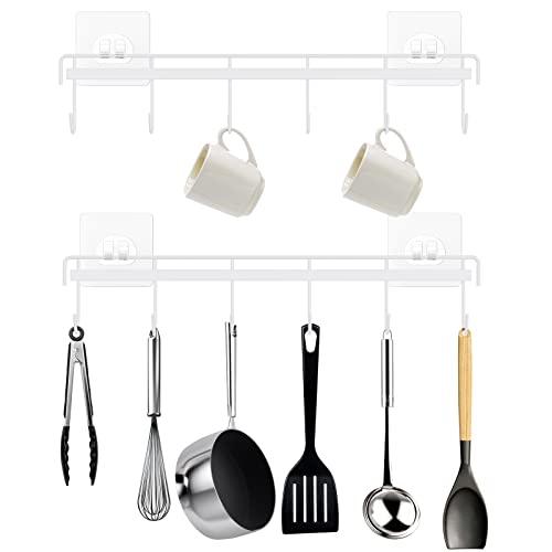 HOMEBROS Kitchen Utensil Hanger, Adhesive Utensil Holder Wall Mount Kitchen Rack Rail with 12 Hooks, Space Saving and No Drilling, White, 2 Pcs