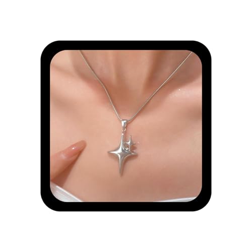 Wendalern Silver Stars Pendant Necklace with Four-Pointed Stars, Round Snake Chain and Double Starbursts Charm - Vintage NorthStar Y2k Jewelry for Women