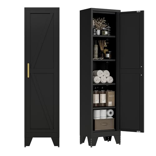 Image of LCAOPC 67 inch Tall Narrow Bathroom Metal Storage Cabinet with 4 Adjustable Shelves, Freestanding 5 Tier Slim Pantry Storage Cabinet for Small Space, Black